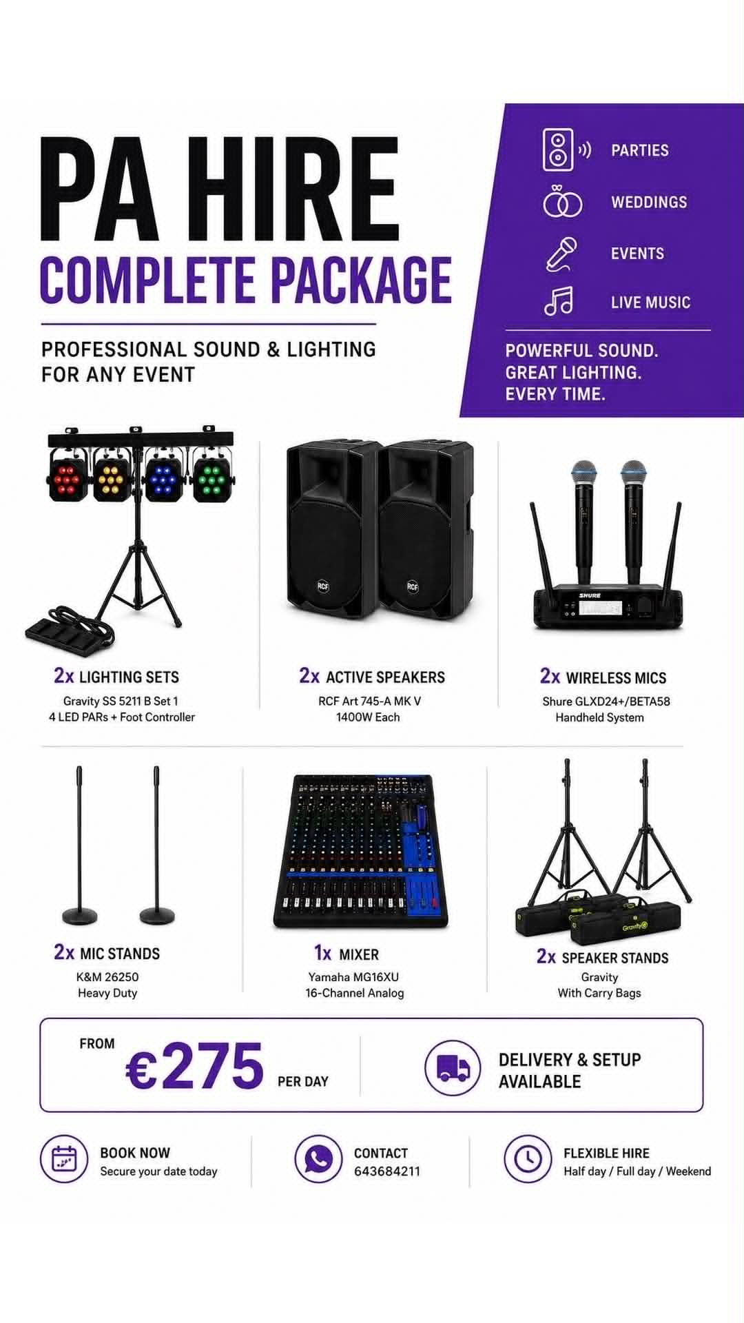Professional PA and lighting equipment set up for an event